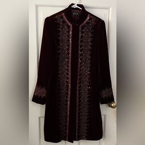 Lafayette 148 Velvet Long-Sleeve Dress Coat W/Sequins/Deep Burgundy Size 4